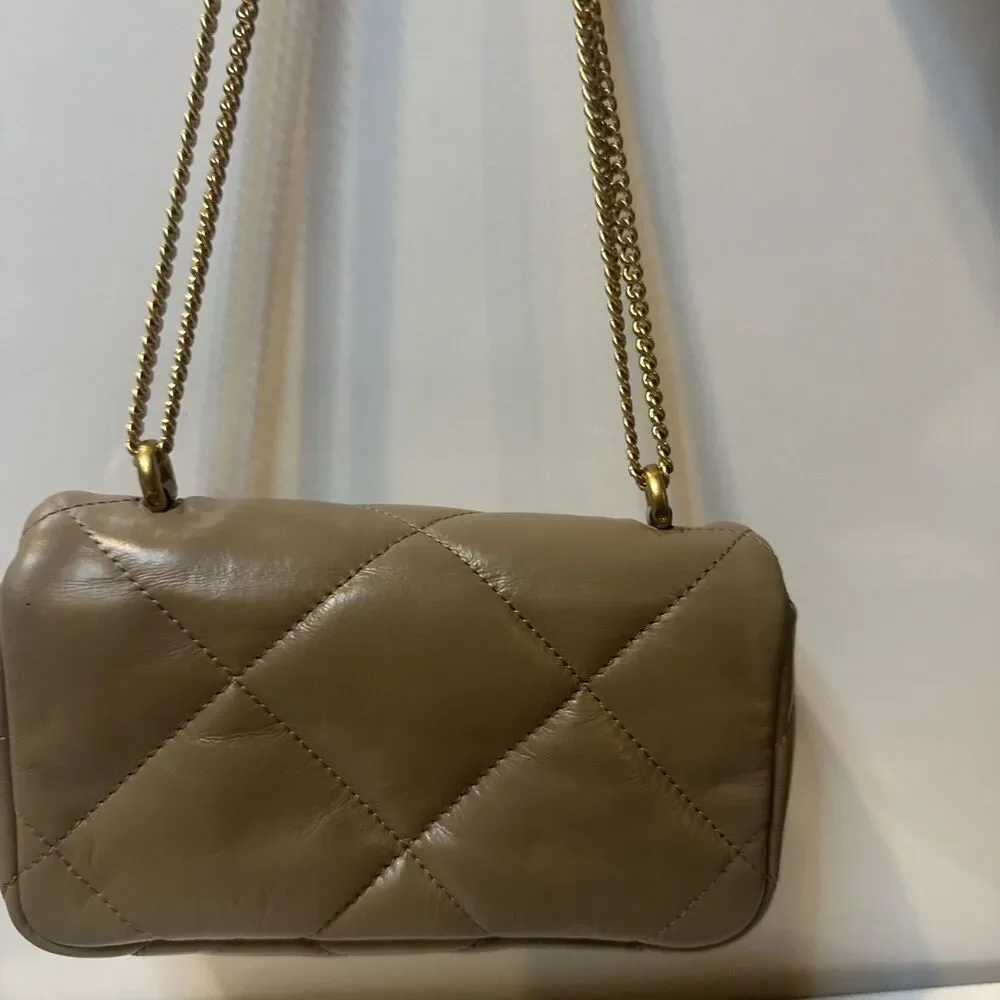 Tory Burch Small Kira Diamond Quilted Convertible Leather Shoulder Bag Taupe Oak